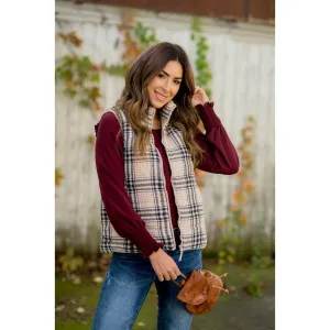 Non Bulky Profile Zipper Plaid Puffer Vest