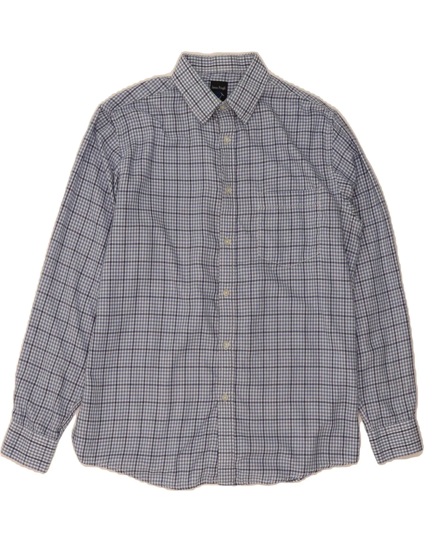 JAMES PRINGLE Mens Shirt Medium Blue Houndstooth Cotton Anti Pilling Treatment Lakeside Relaxation