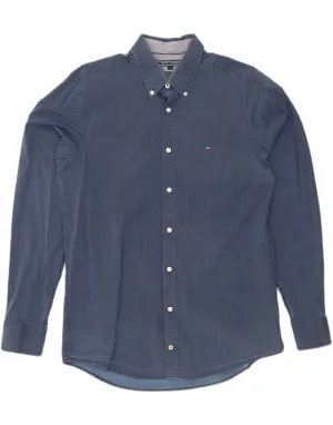 TOMMY HILFIGER Mens Slim Fit Shirt Large Blue Spotted Cotton Eco Dye Technique Fall Foliage