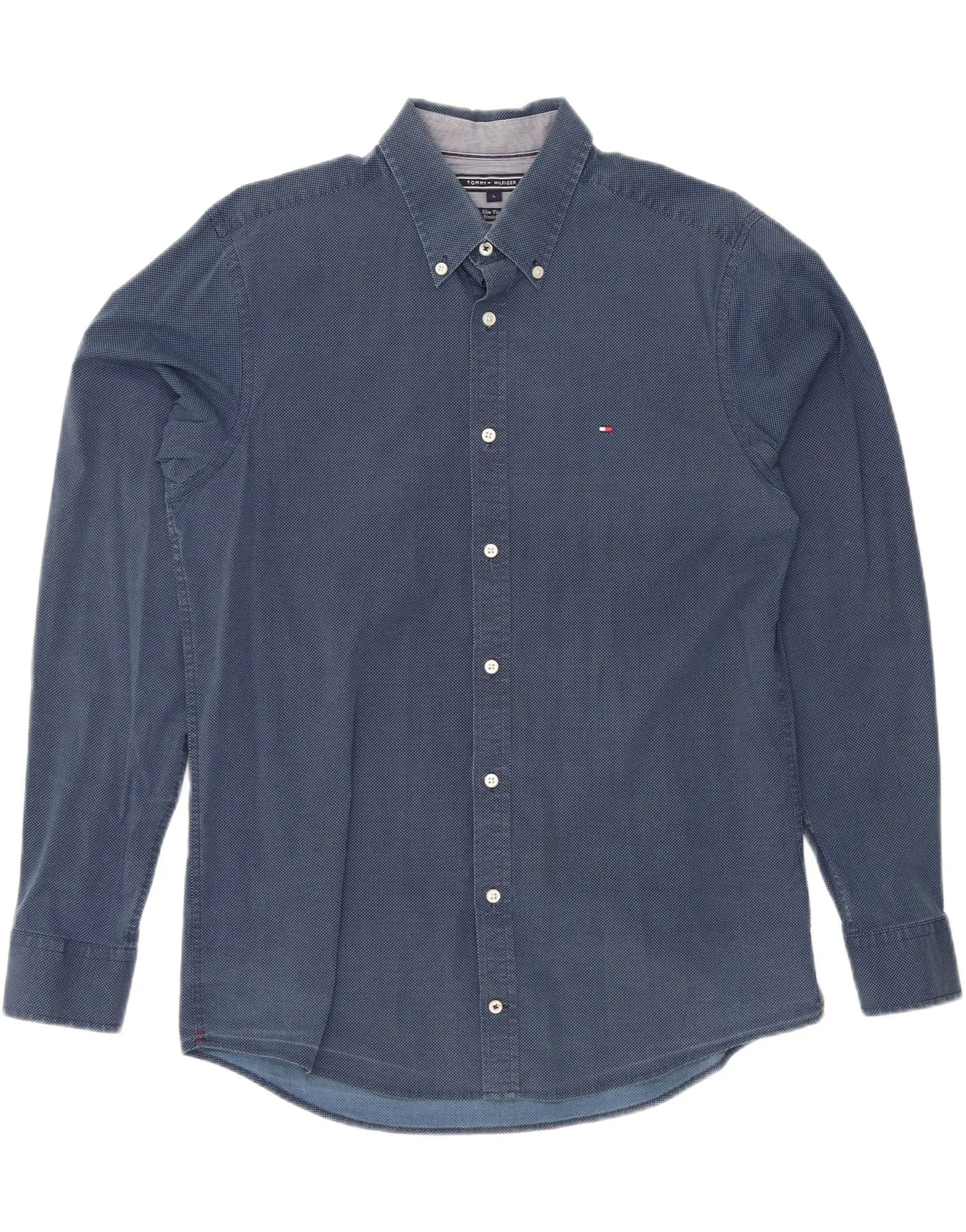 TOMMY HILFIGER Mens Slim Fit Shirt Large Blue Spotted Cotton Eco Dye Technique Fall Foliage