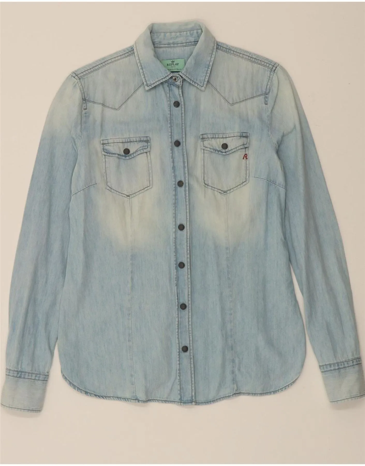 Multipocket Style Durable Fabric REPLAY Womens Denim Shirt UK 10 Small Blue Cotton