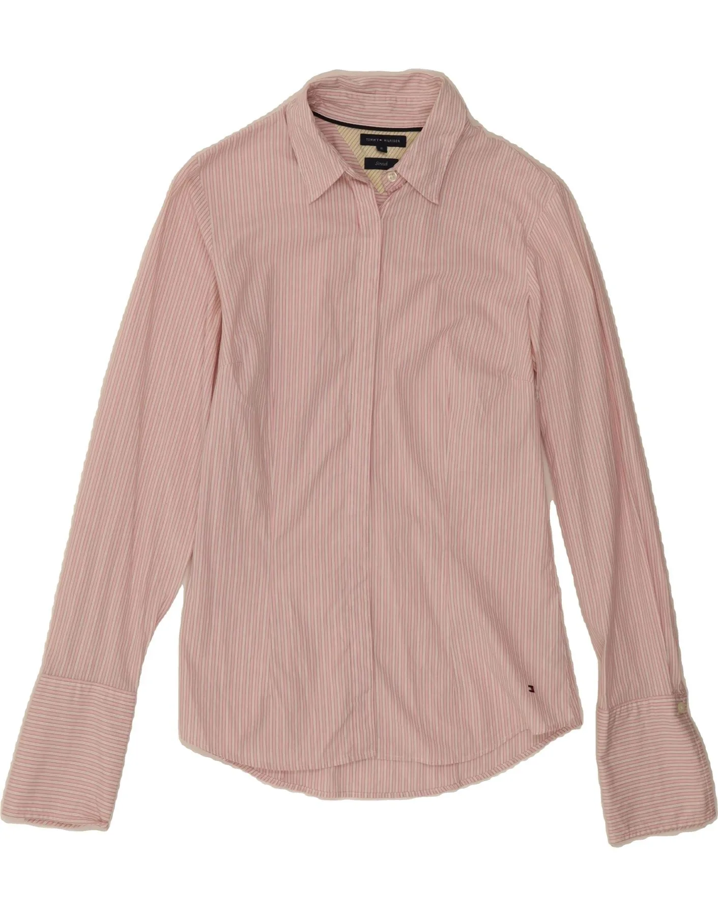 TOMMY HILFIGER Womens Shirt US 6 Medium Pink Pinstripe Cotton Networking Session Polka Dot