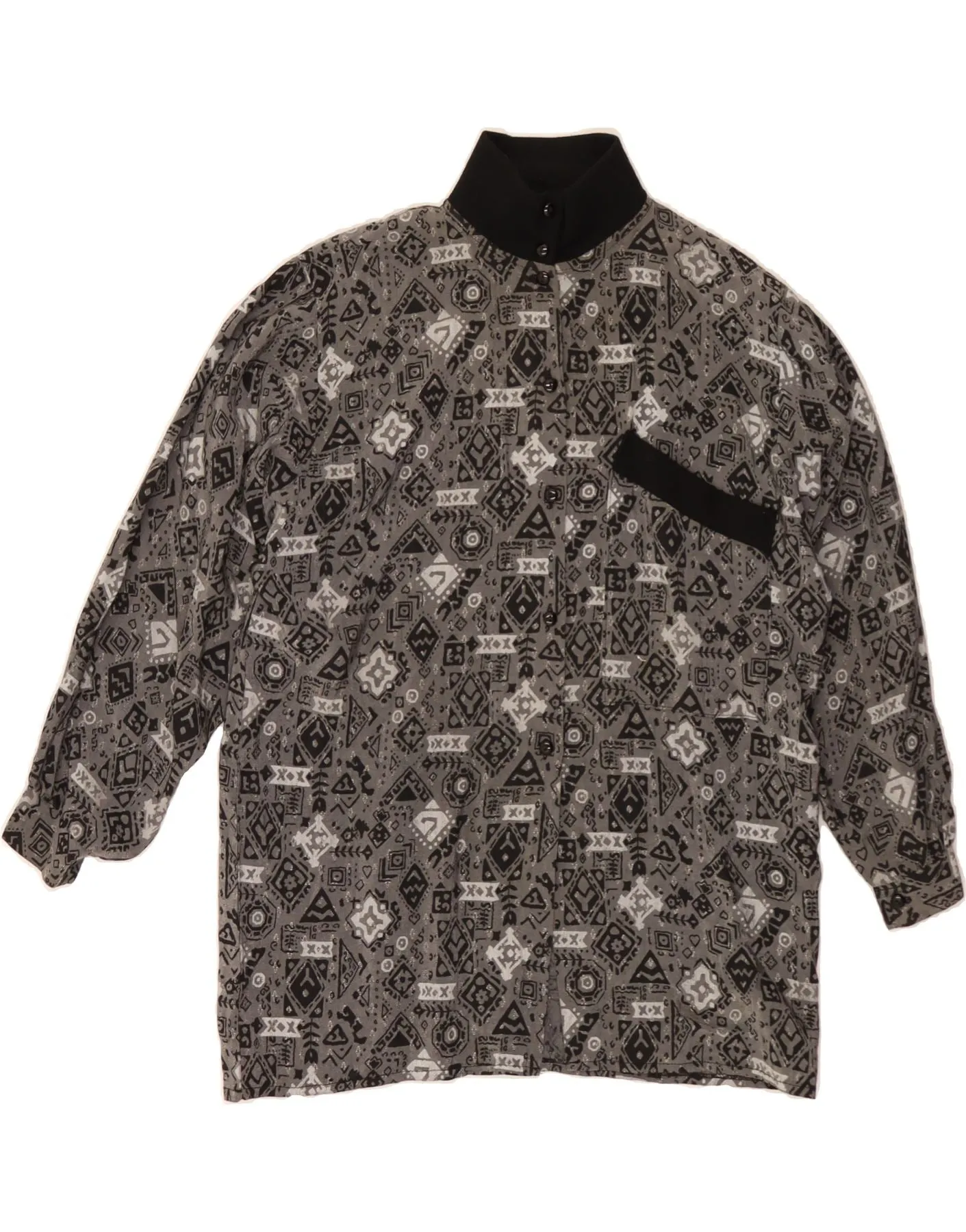 VINTAGE Womens Shirt Blouse UK 14 Large Grey Geometric Seasonal Fashion