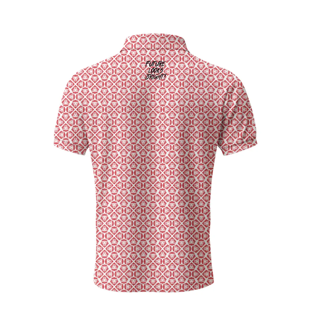 Office To Outing Casual Vibe Lion Shield Red and White Pattern Print Short Sleeve Polo (Classic Fit)