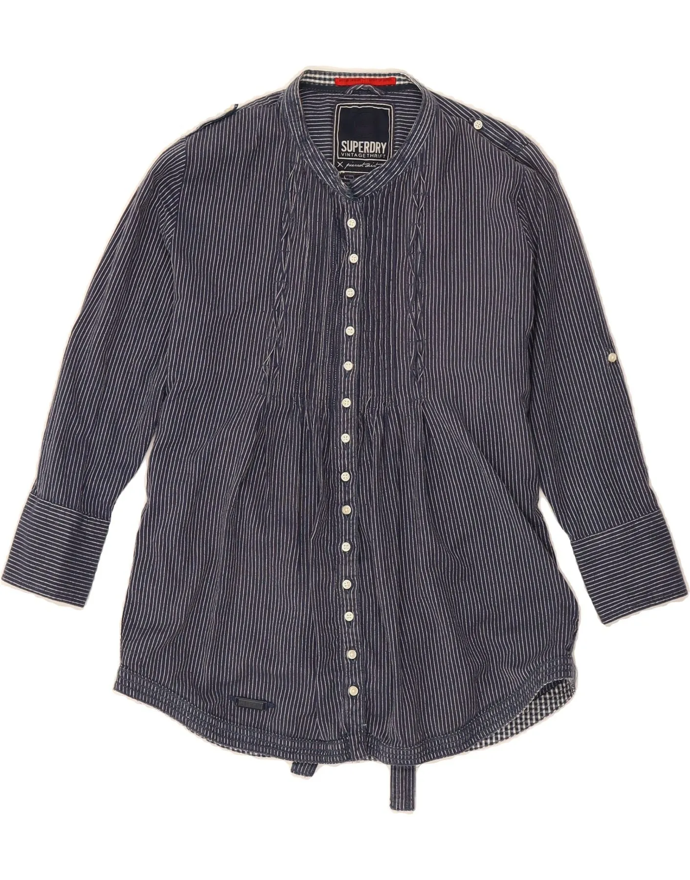 Lightweight Weave SUPERDRY Womens Shirt Blouse UK 14 Medium Navy Blue Striped Cotton