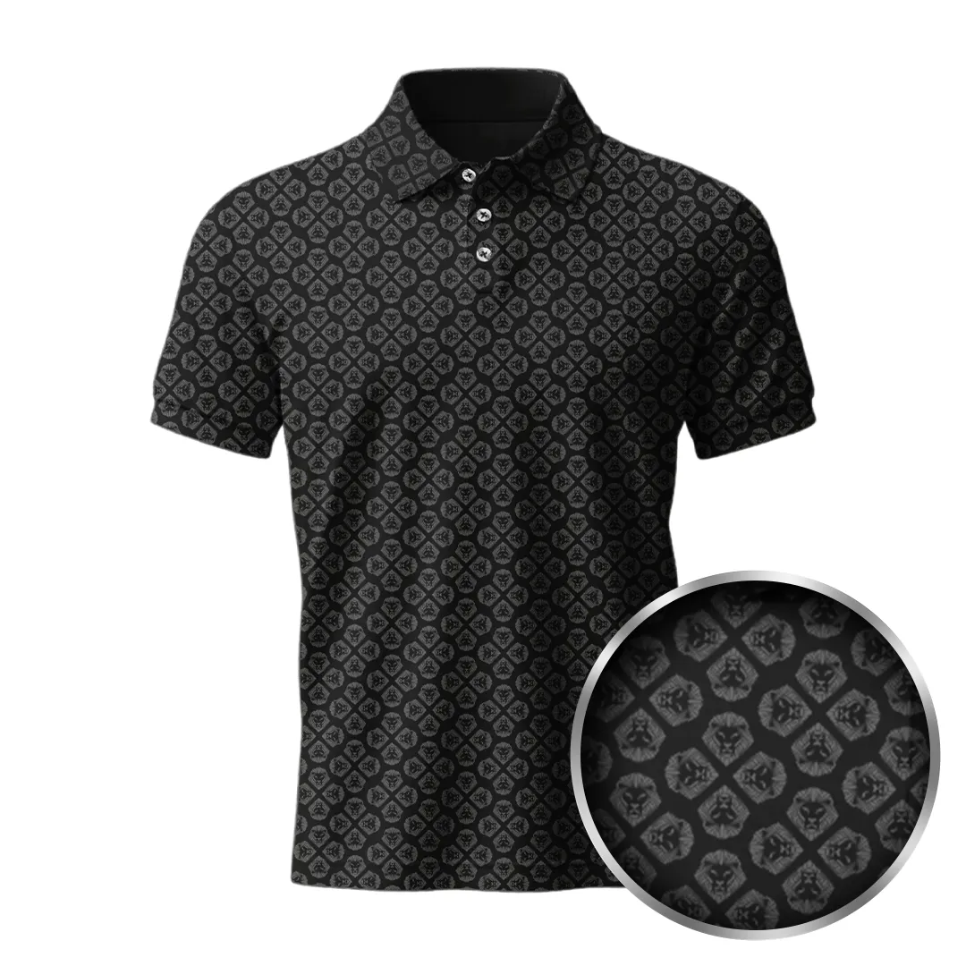 Lion Shield Black & Grey Pattern Print Short Sleeve Polo (Classic Fit) Eco Friendly Dye Corporate Event