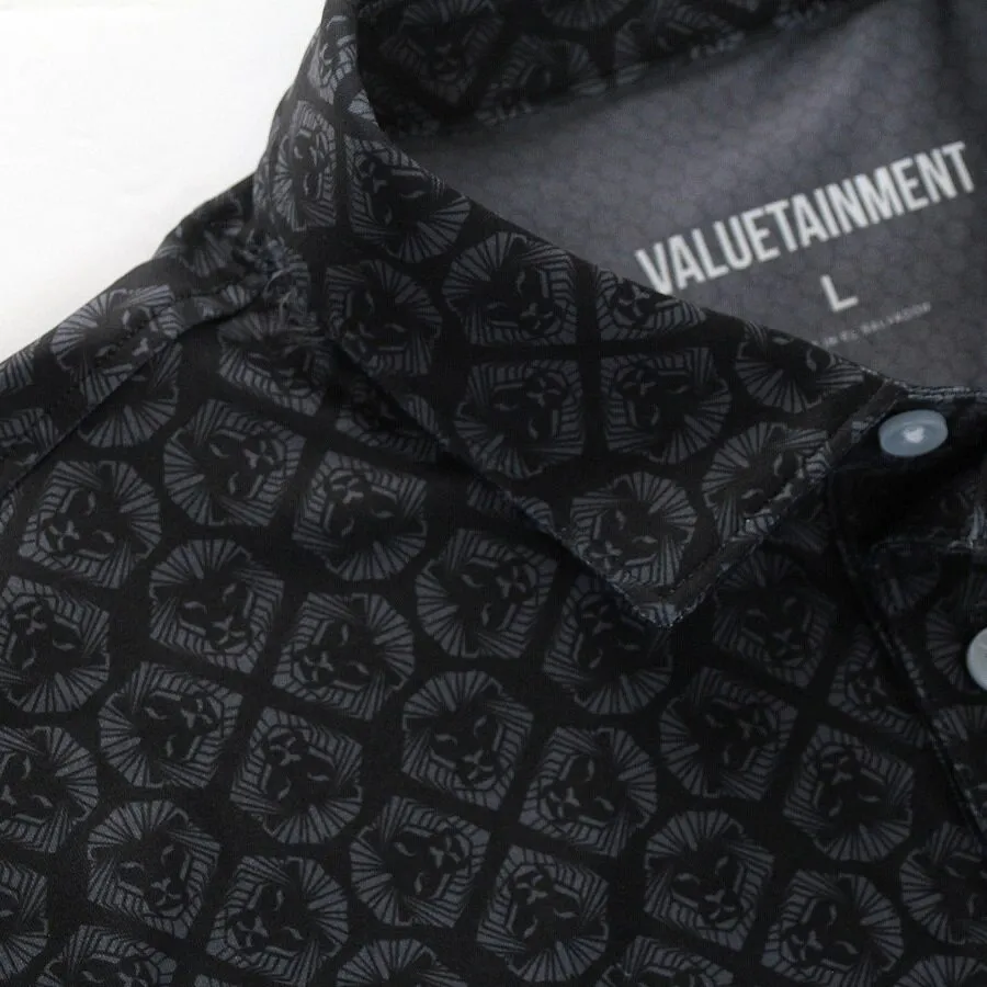 Lion Shield Black & Grey Pattern Print Short Sleeve Polo (Classic Fit) Chill Comfort