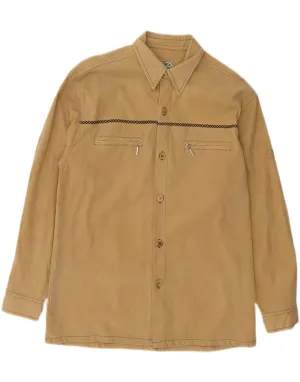 VINTAGE Mens Shirt Large Beige Polyester Embellished Neckline Low Profile Pocket Design