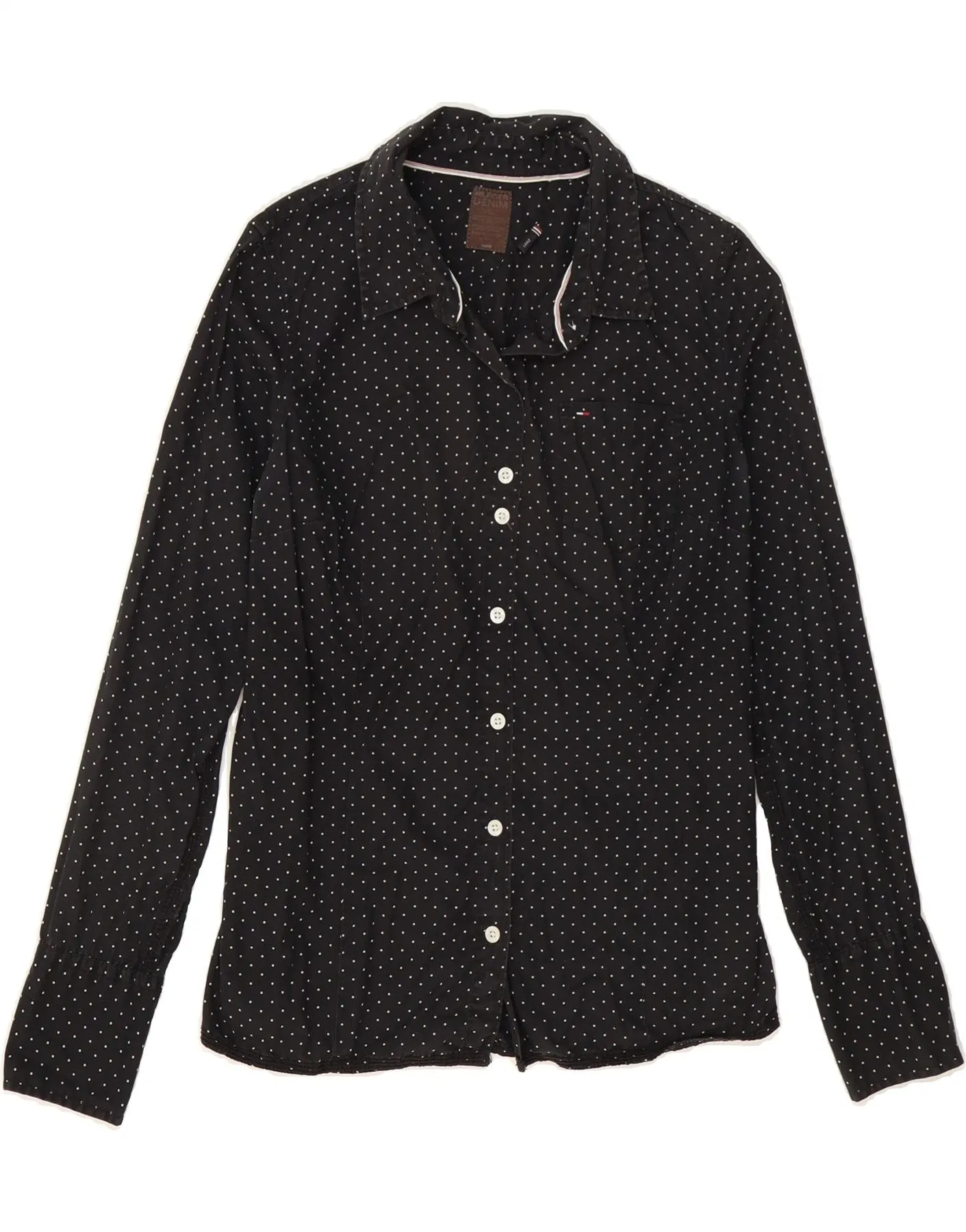 TOMMY HILFIGER Womens Shirt UK 16 Large Black Polka Dot Cotton Coffee Run Reinforced Seams