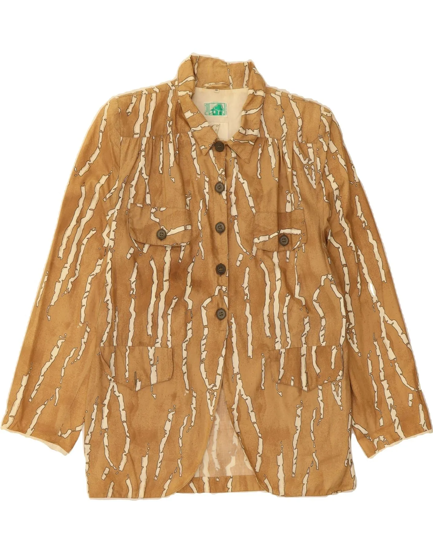 VINTAGE Womens Shirt Blouse IT 46 Large Beige Striped Cotton Ergonomic Back Panel Bold Statement