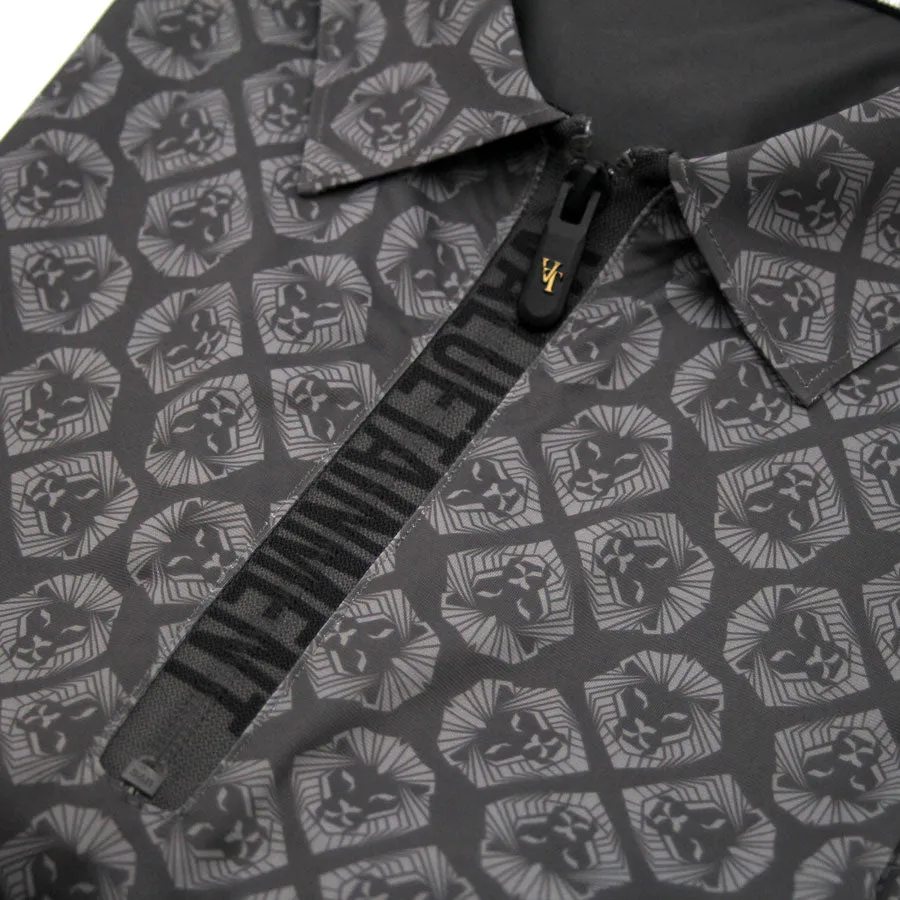 Valuetainment Lion Shield Performance Black and Grey Zipper Polo Shirt (Classic Fit) Matte Surface Texture
