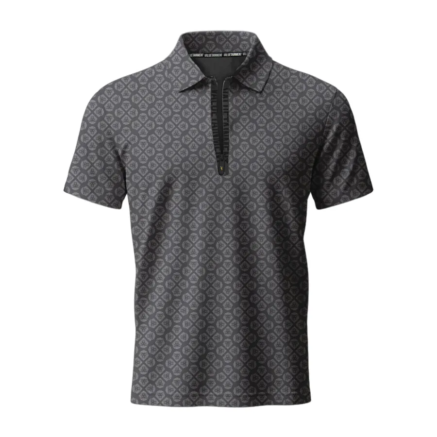Valuetainment Lion Shield Performance Black and Grey Zipper Polo Shirt (Classic Fit) Cozy Style Sustainable Production Certification