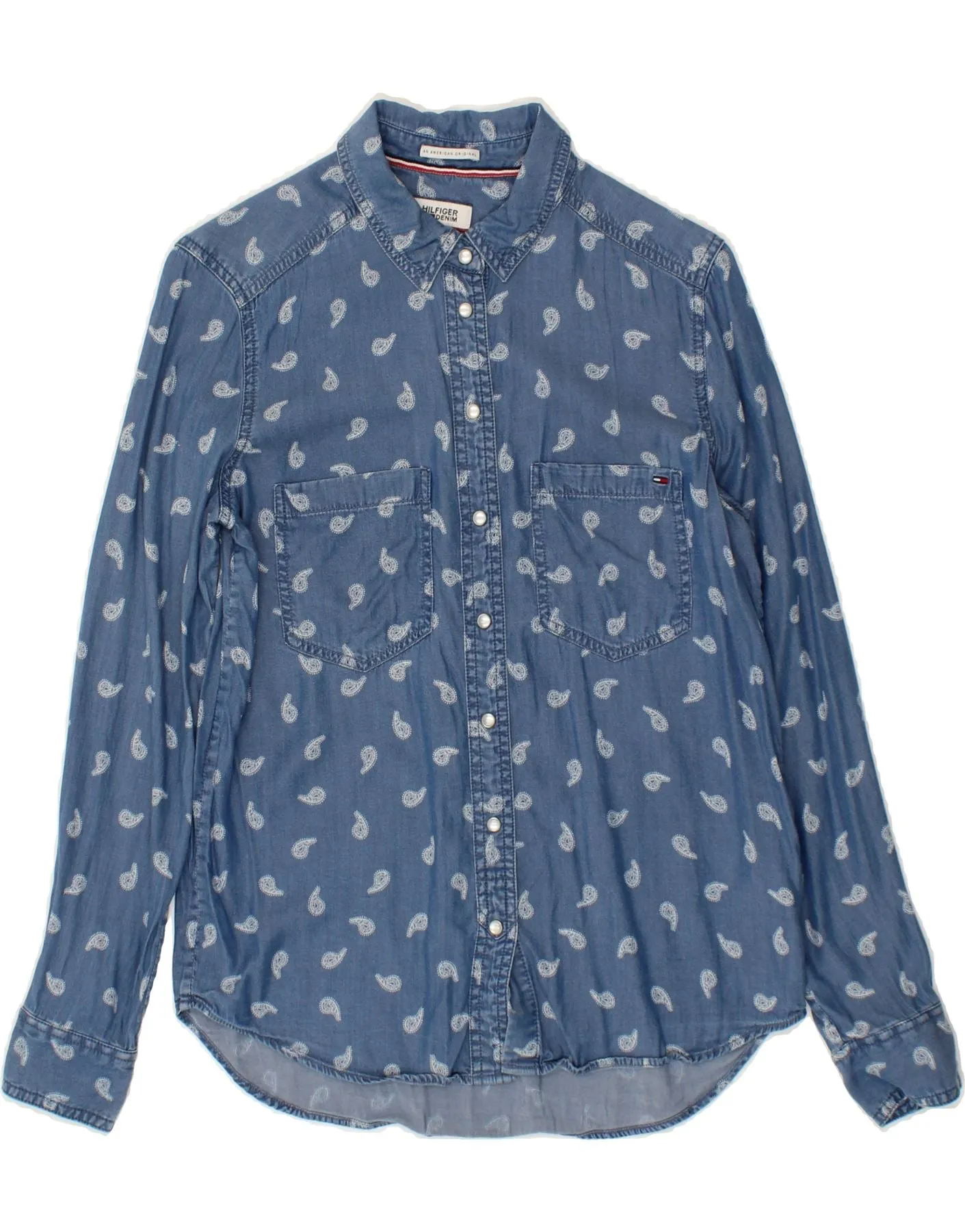 TOMMY HILFIGER Womens Denim Shirt UK 10 Small Blue Paisley Cotton Breathable Lining