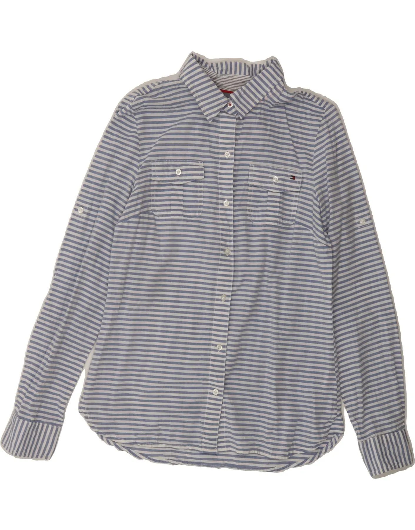Casual Sophistication Lightweight Comfort TOMMY HILFIGER Womens Shirt UK 12 Medium Blue Striped Cotton
