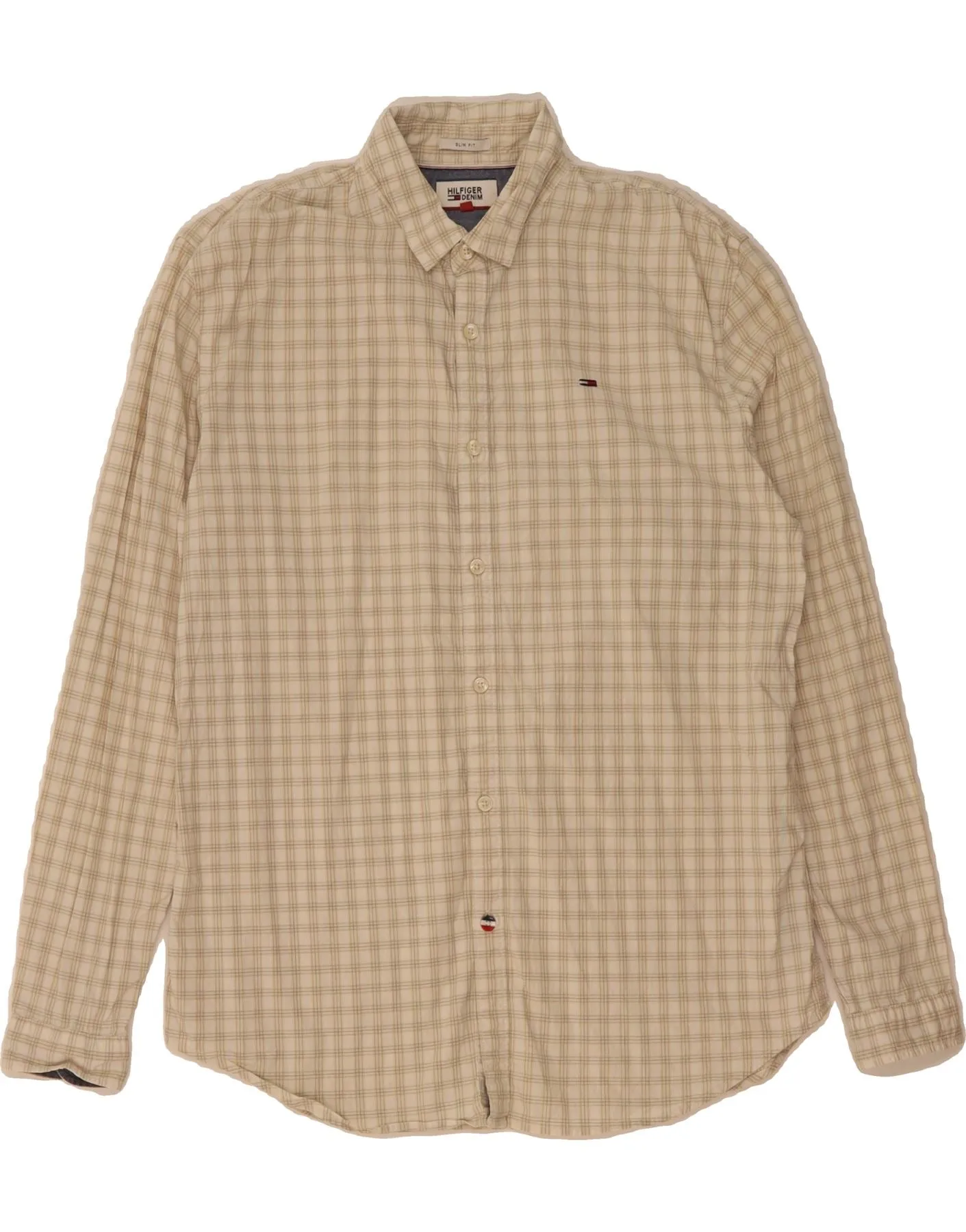 TOMMY HILFIGER Mens Slim Fit Shirt Large Off White Check Cotton All Day Comfort Tech