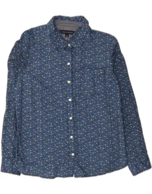 TOMMY HILFIGER Womens Shirt UK 14 Medium Blue Floral Cotton Athleisure Trend Relaxed Comfort