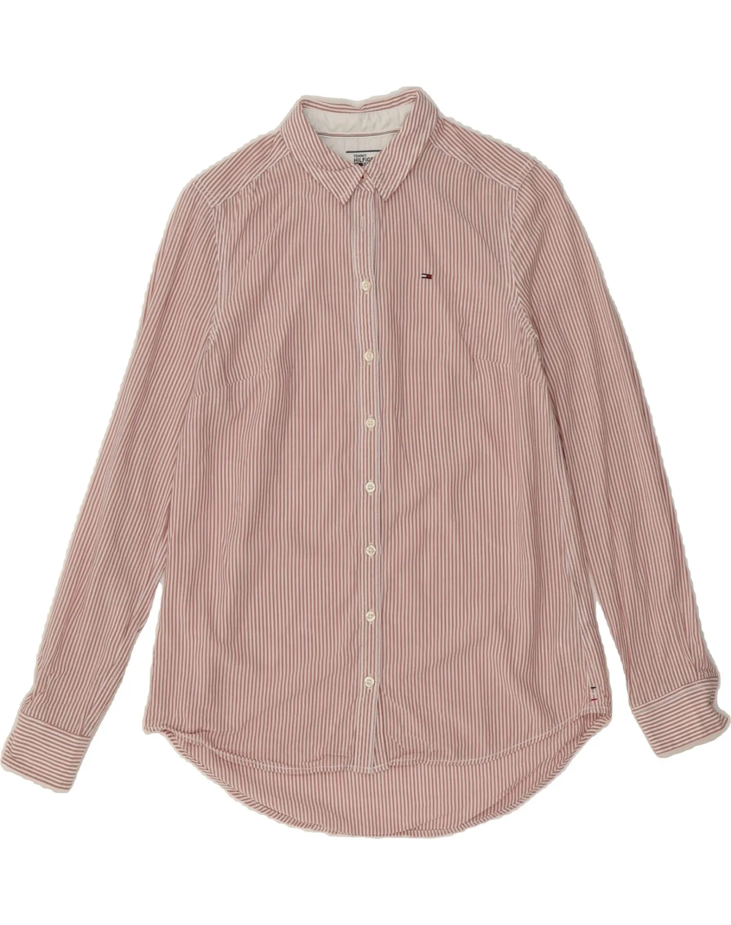 TOMMY HILFIGER Womens Shirt UK 6 XS Pink Pinstripe Lyocell Button front Fade Resistant Formula