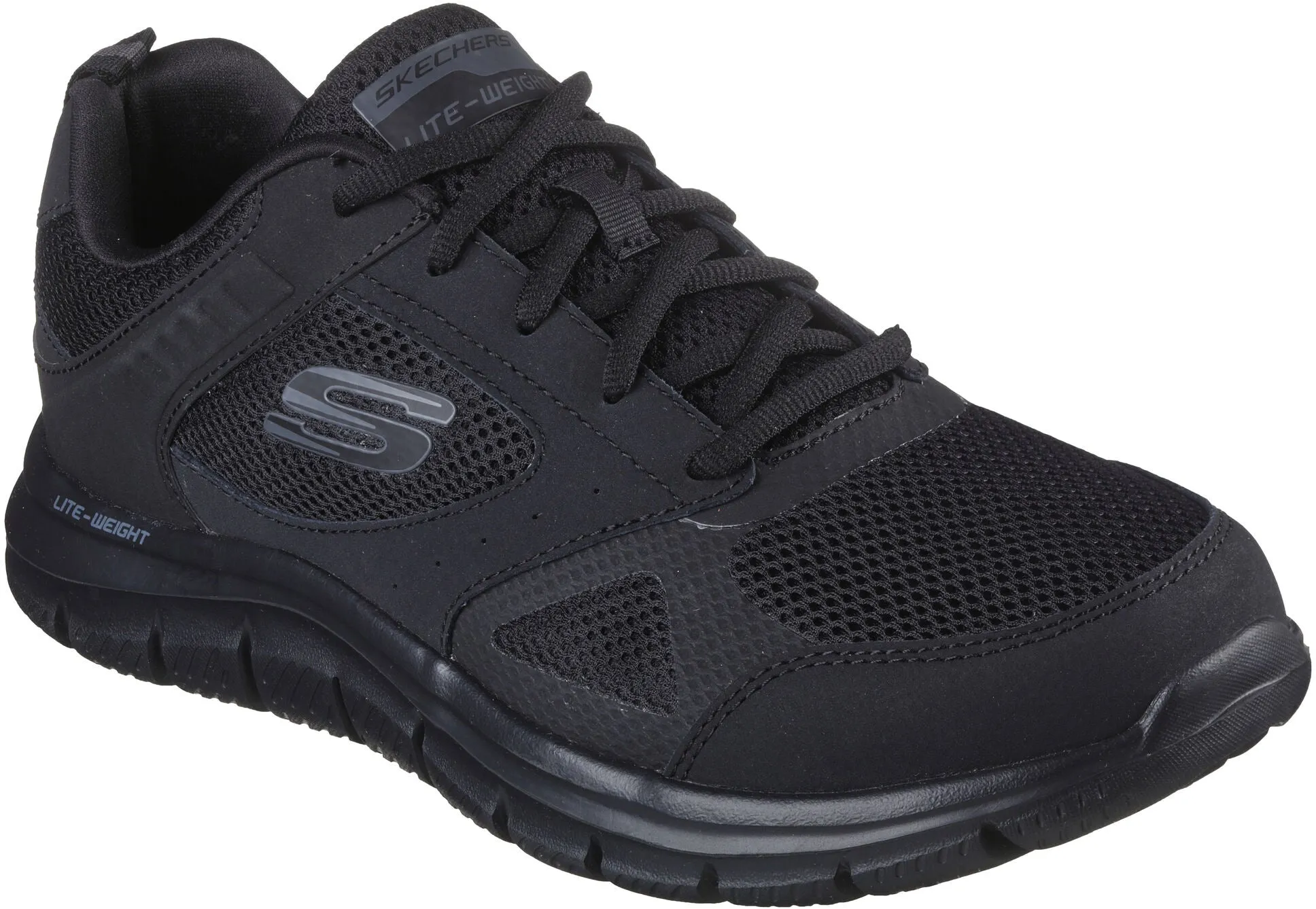 Skechers Track Syntac Mens Training Shoes - Black Midfoot Stability Slip Easy