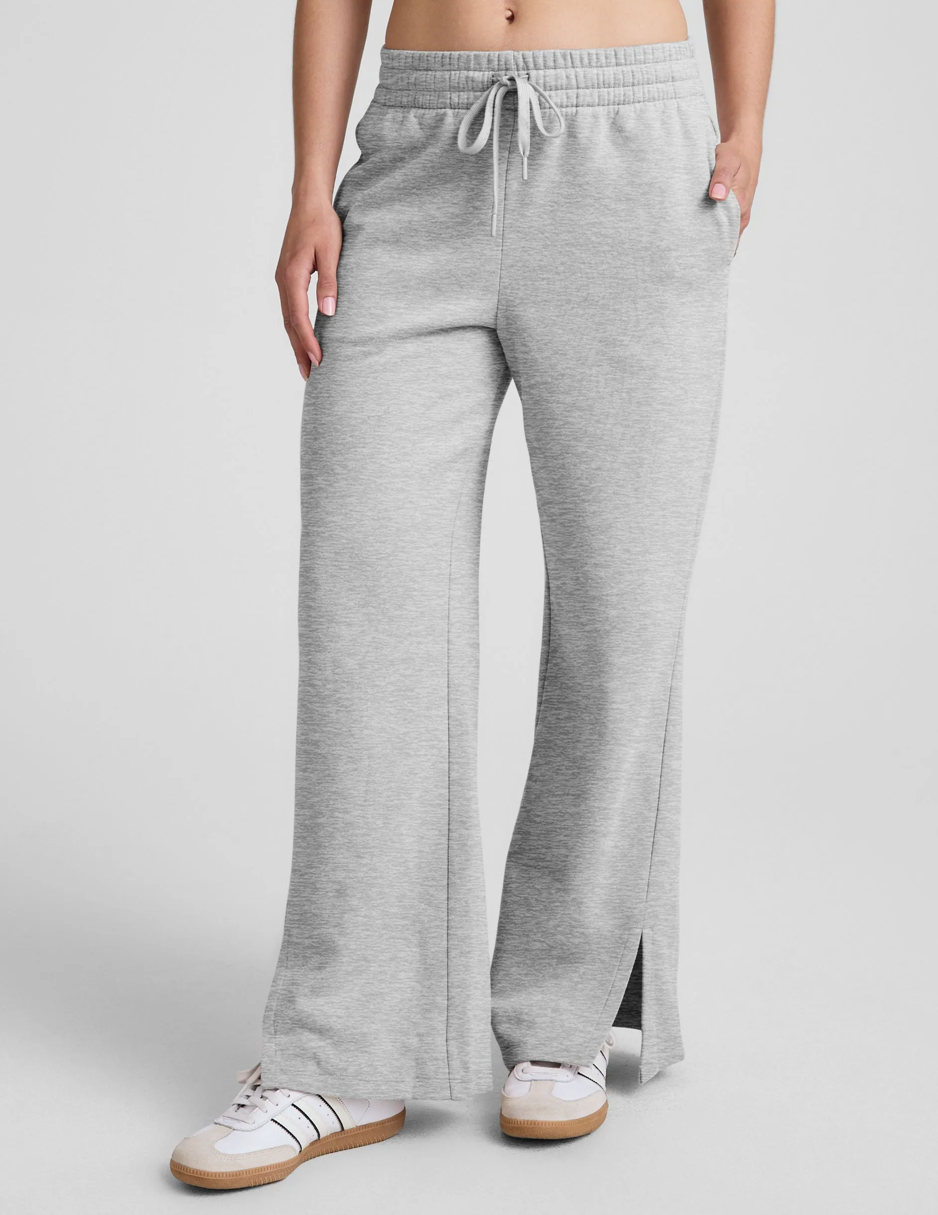 Cozy Design AdjustableWaistband LuxeFleece Side Slit Wide Leg Pant