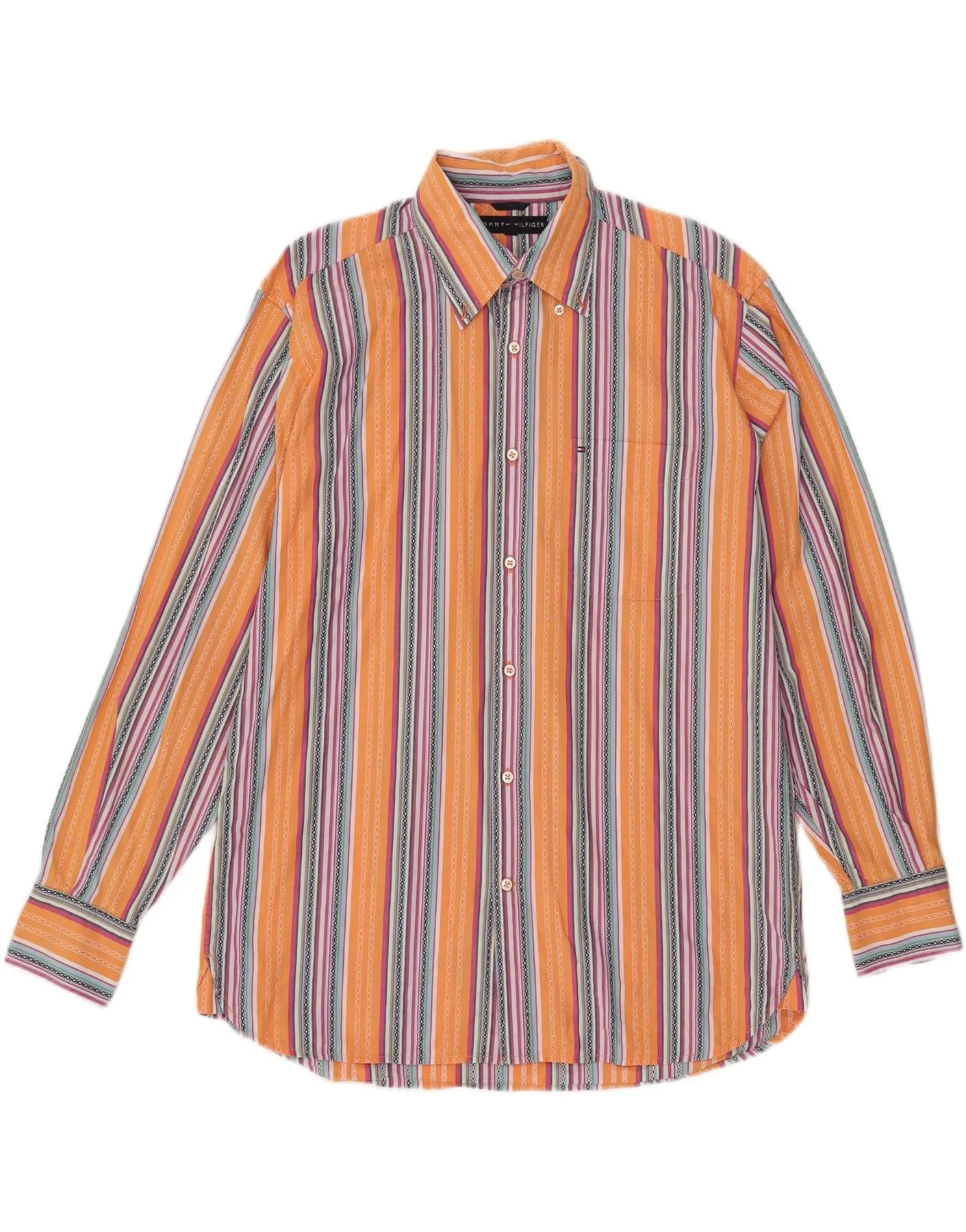 TOMMY HILFIGER Mens Shirt Medium Orange Striped Cotton Lightweight Comfort Holiday Special