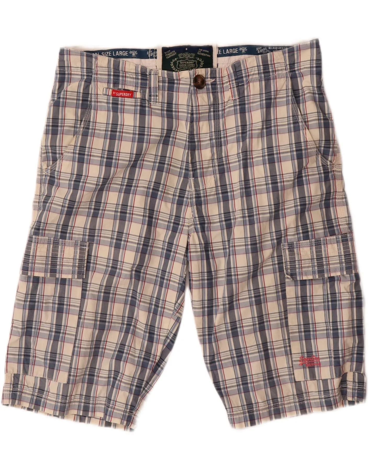 SUPERDRY Mens Cargo Shorts Large W36 Blue Check Cotton High Rise Waist Hypoallergenic Lining