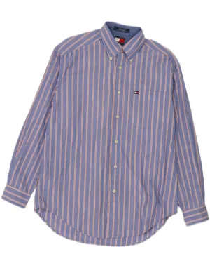 TOMMY HILFIGER Mens Shirt Medium Blue Pinstripe Cotton Anti Odor Treatment Quick Release Placket