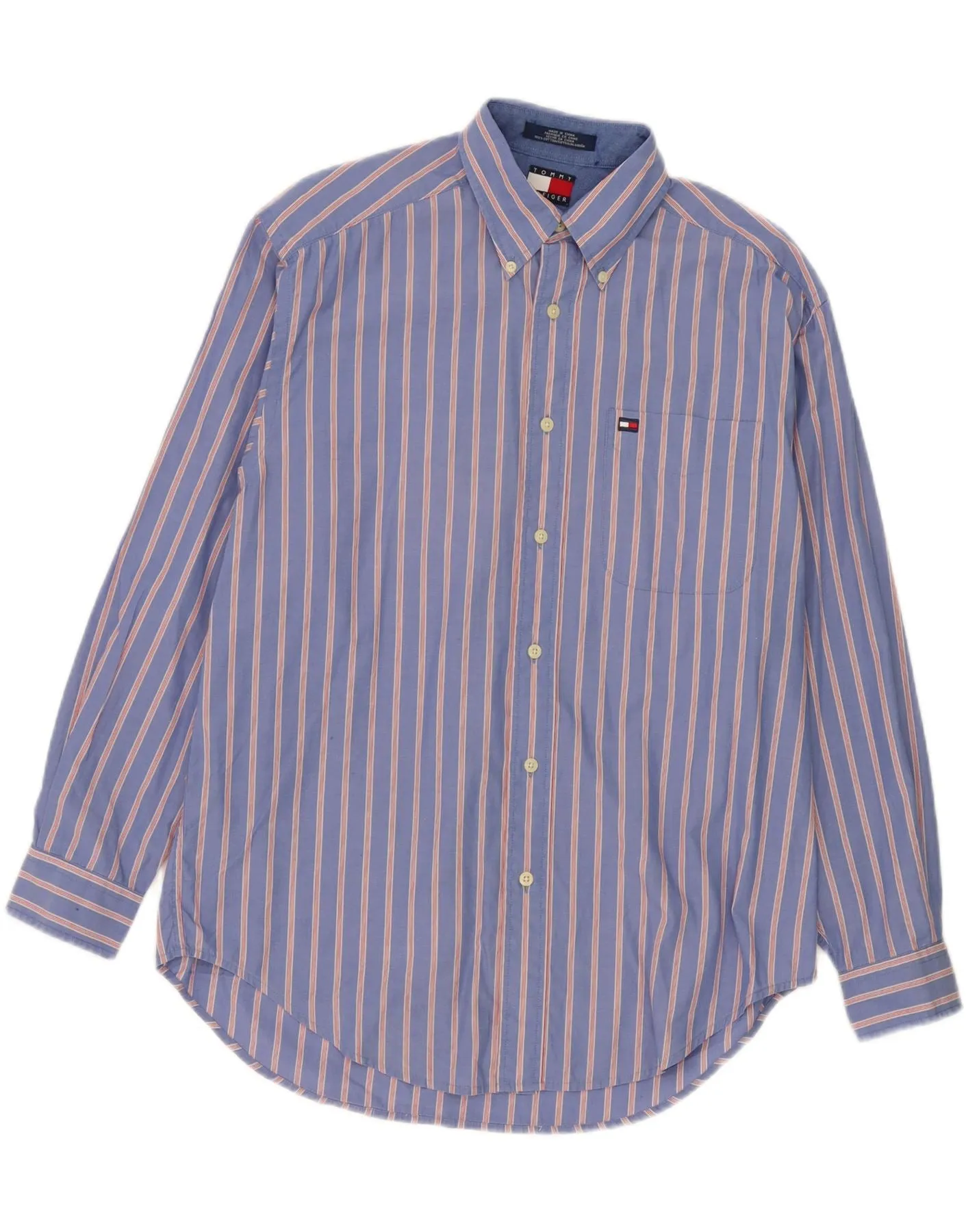 TOMMY HILFIGER Mens Shirt Medium Blue Pinstripe Cotton Anti Odor Treatment Quick Release Placket