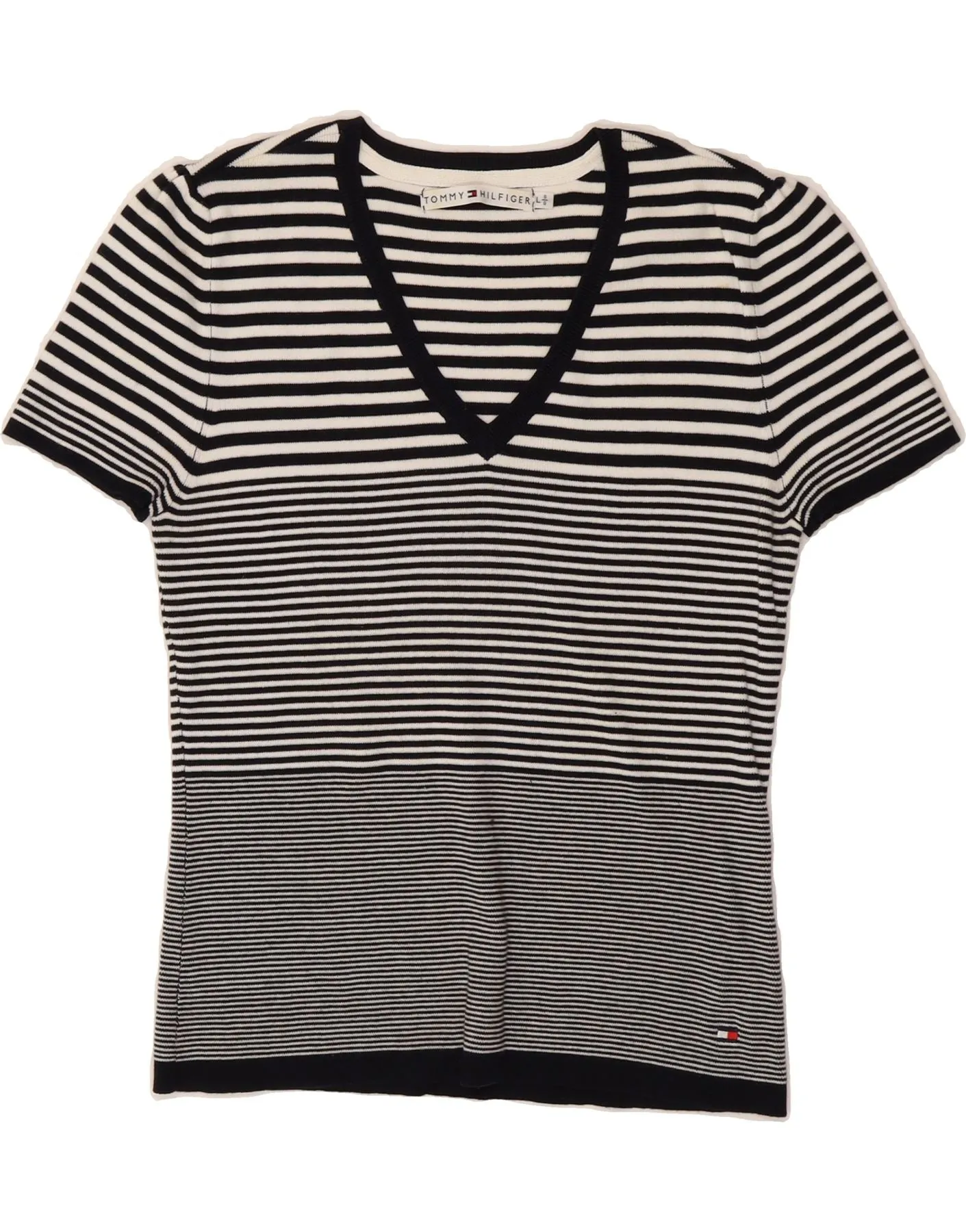 TOMMY HILFIGER Womens T-Shirt Top UK 14 Large Black Striped Cotton Wrinkle Resistant