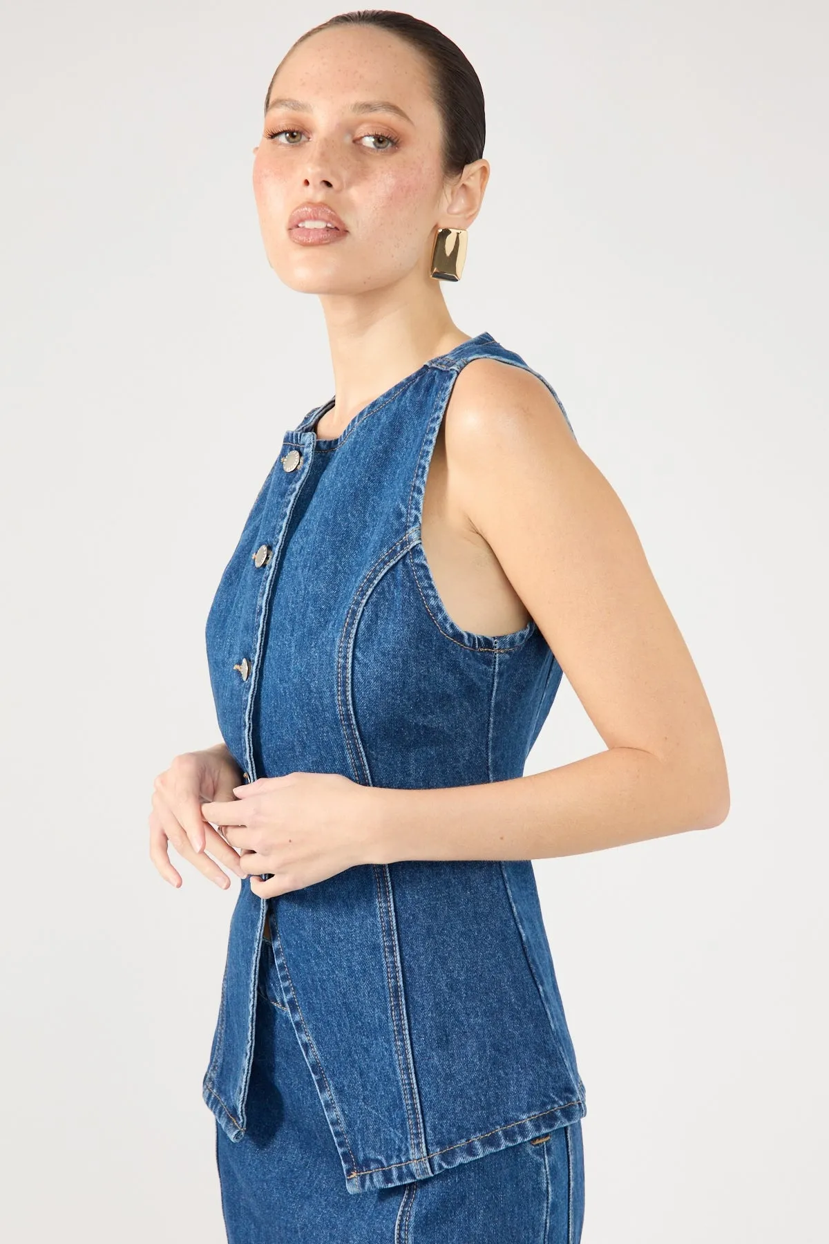 Padded Shoulders well received Perfect Stranger Mika Denim Button Up Vest Mid Blue Denim