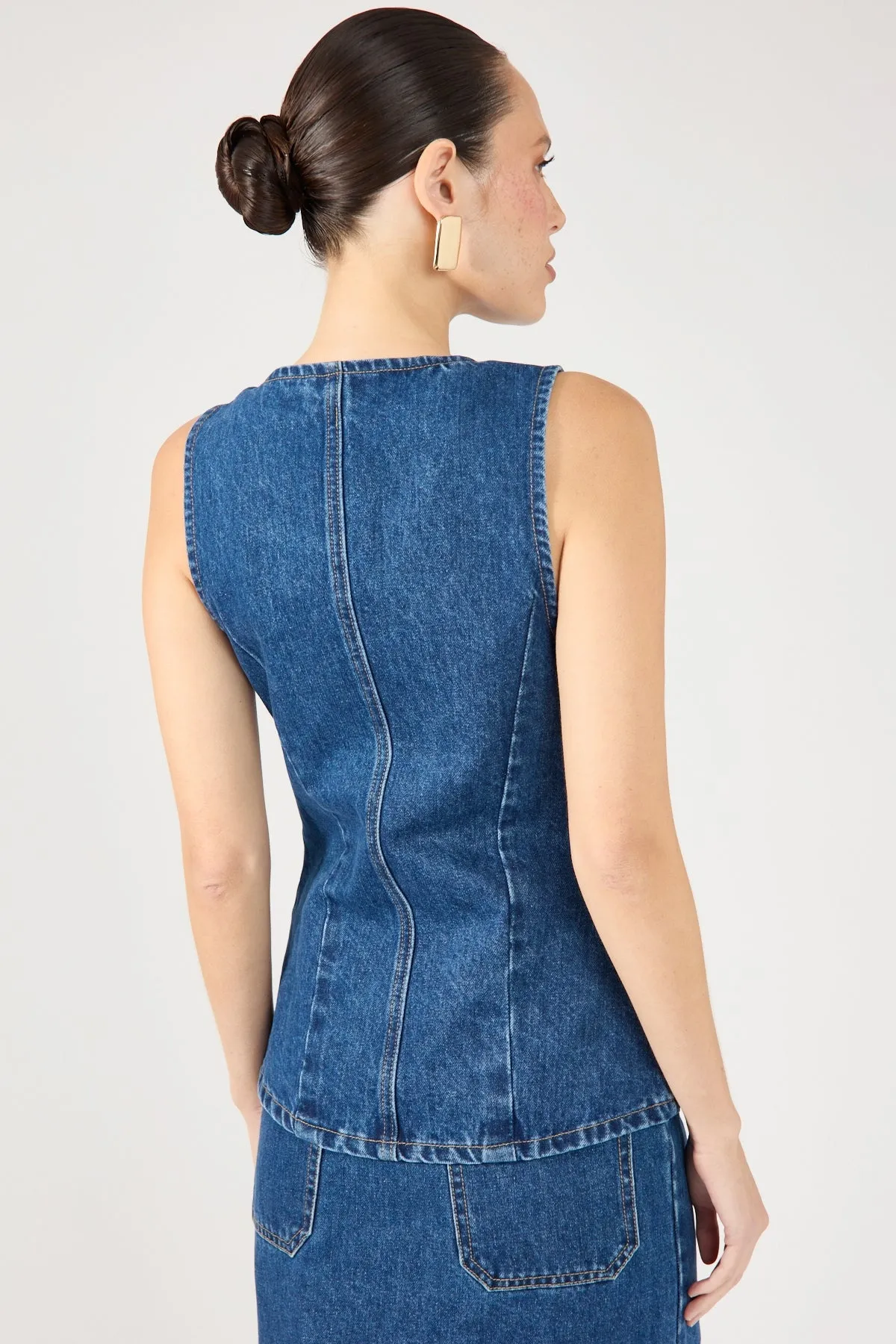 Shallow Perfect Stranger Mika Denim Button Up Vest Mid Blue Denim