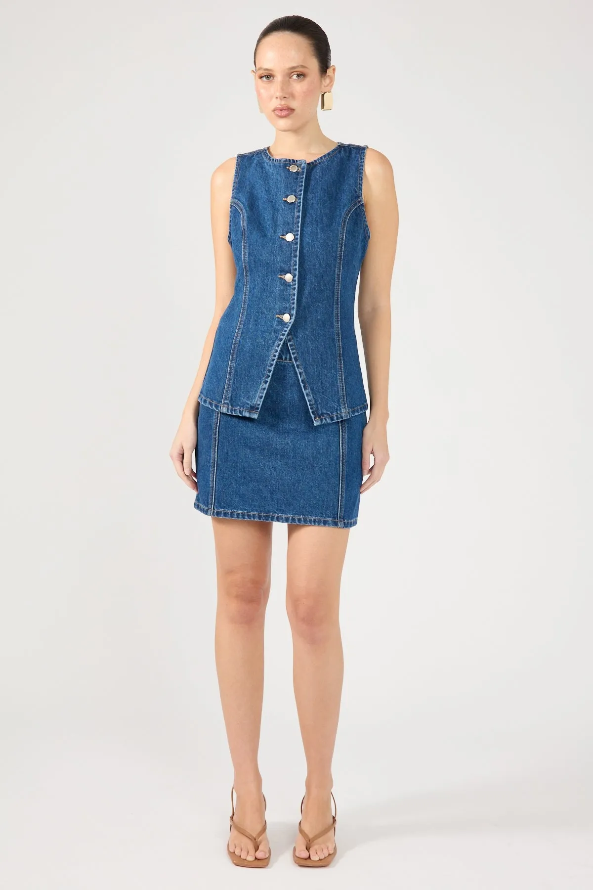 Perfect Stranger Mika Denim Button Up Vest Mid Blue Denim Anti Odor