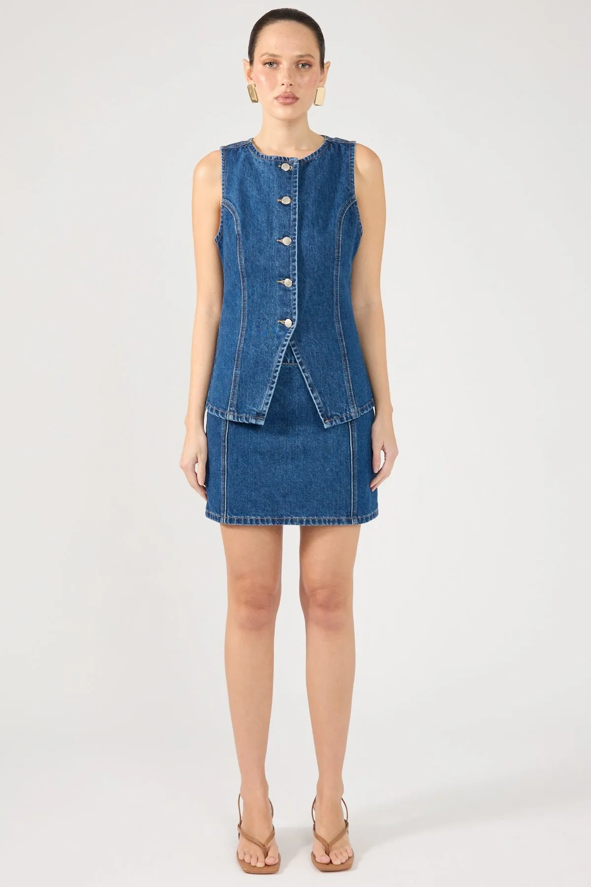 Thermo Regulating Fabric Perfect Stranger Mika Denim Button Up Vest Mid Blue Denim