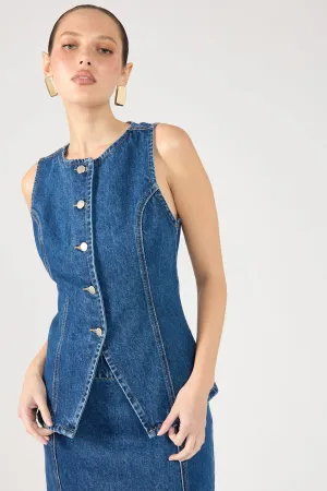 Layered Compartments essential Perfect Stranger Mika Denim Button Up Vest Mid Blue Denim