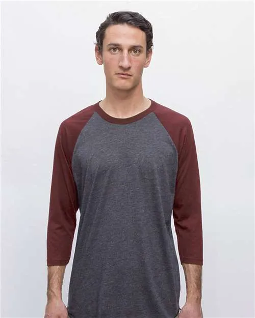 Breathable fabric Circular Knit Design Los Angeles Apparel FF53 USA-Made Three Quarter Sleeve Raglan Baseball T-Shirt