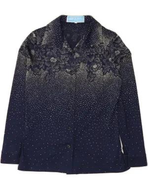 VINTAGE Womens Shirt IT 42 Medium Navy Blue Floral Polyester Quick Release Cuffs