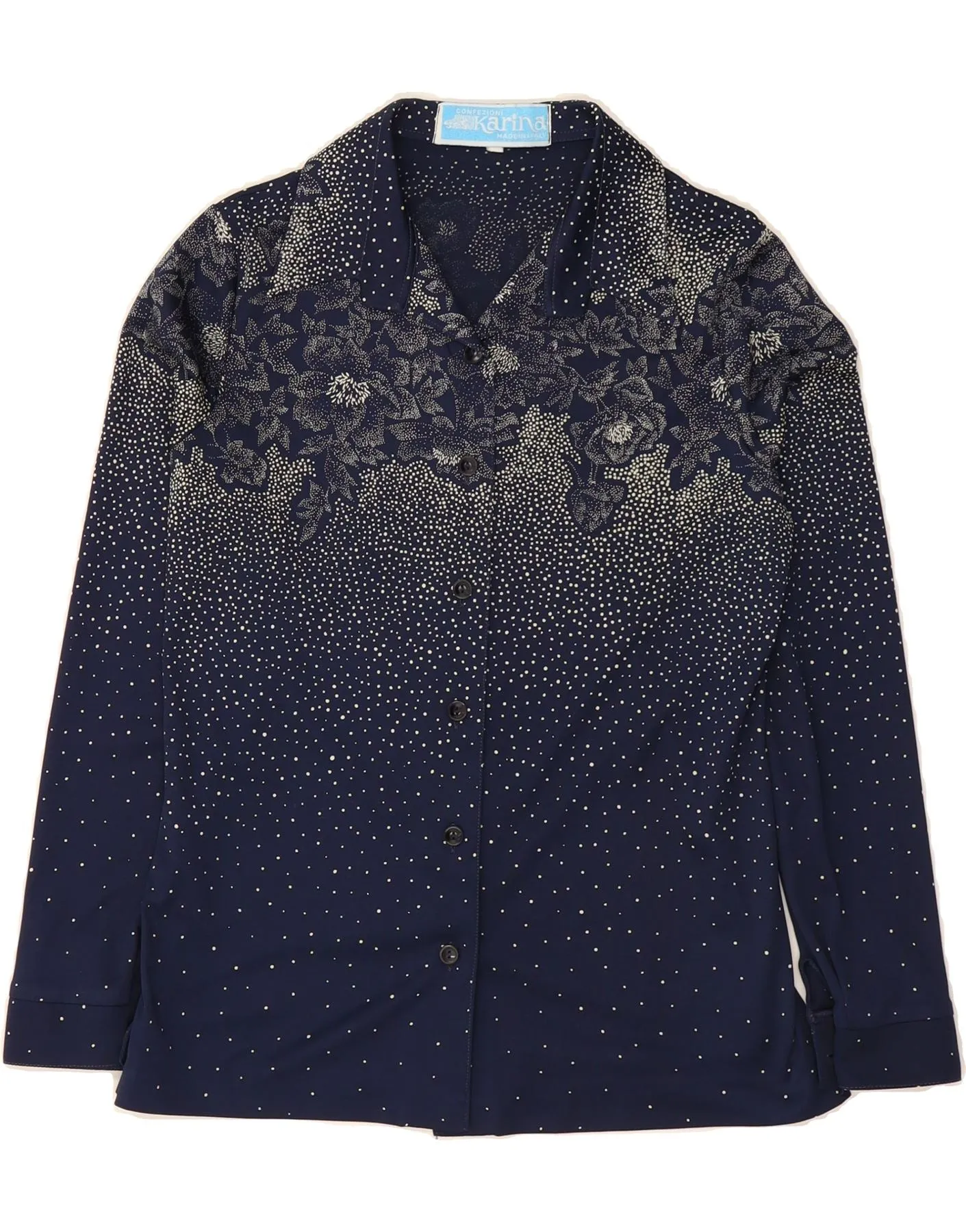VINTAGE Womens Shirt IT 42 Medium Navy Blue Floral Polyester Quick Release Cuffs