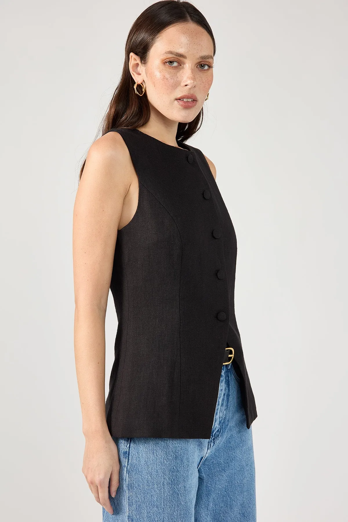 Perfect Stranger Menorca Long Line Vest Black Stretch Panels Unisex