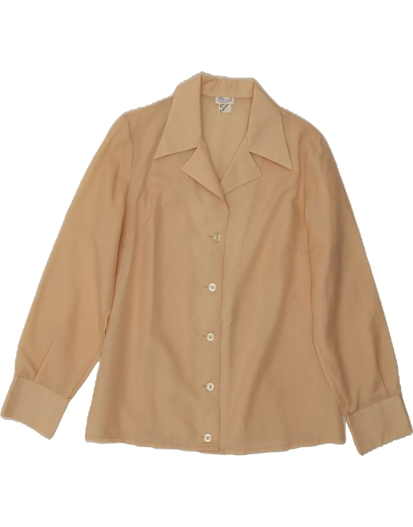 Ribbed Trim VINTAGE Womens Shirt Blouse IT 48 XL Beige Polyester