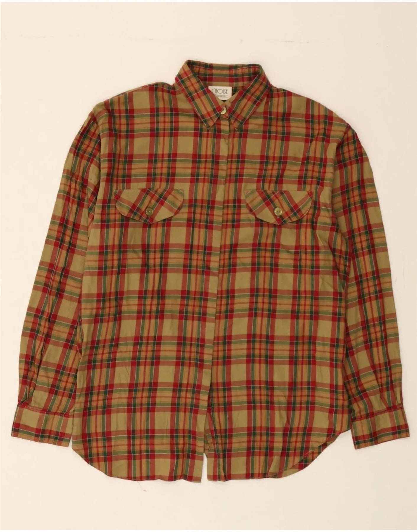 VINTAGE Womens Shirt UK 12 Medium  Beige Check Cotton Perfect Fit Recycled Polyester Blend