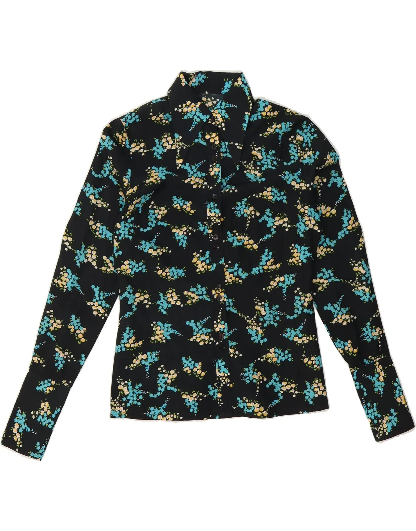 Bold Prints Reinforced Elasticity VINTAGE Womens Shirt UK 14 Medium Black Floral