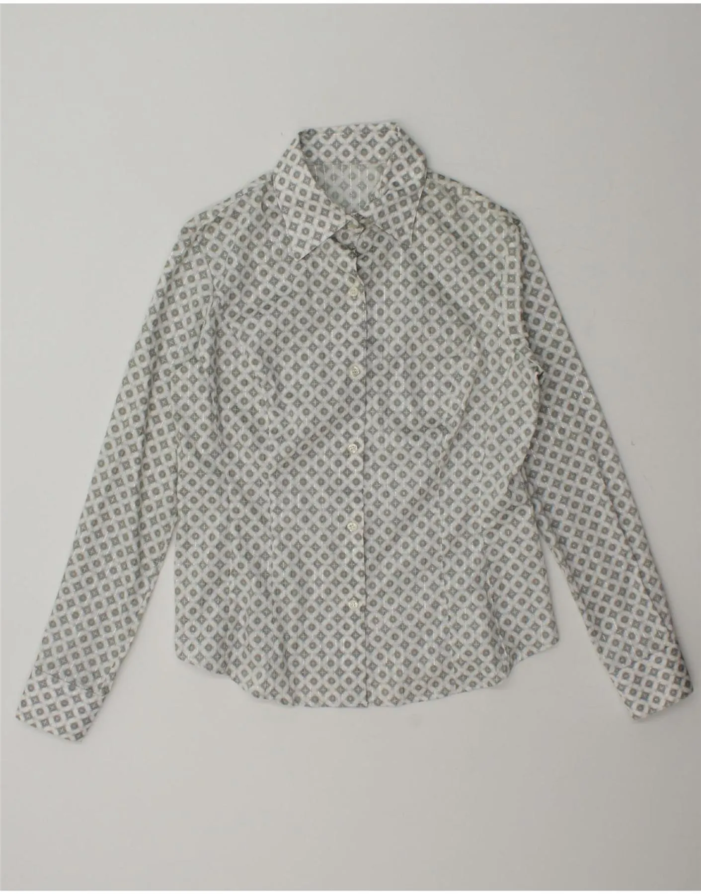 VINTAGE Womens Shirt IT 44 Medium Grey Geometric Teen Fashion slim cut