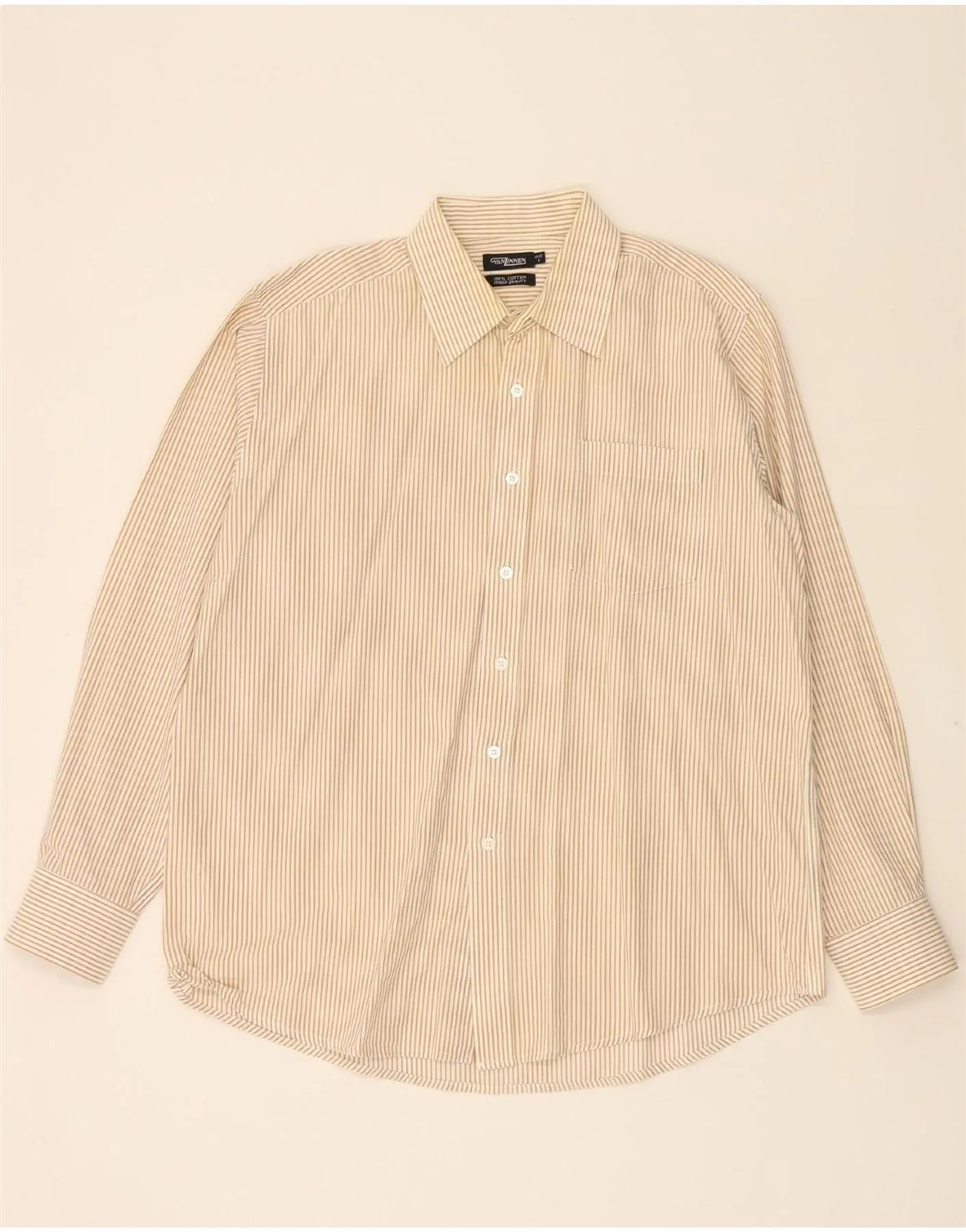 Checkered Style VINTAGE Mens Shirt Size 41/42 Large Beige Pinstripe Cotton
