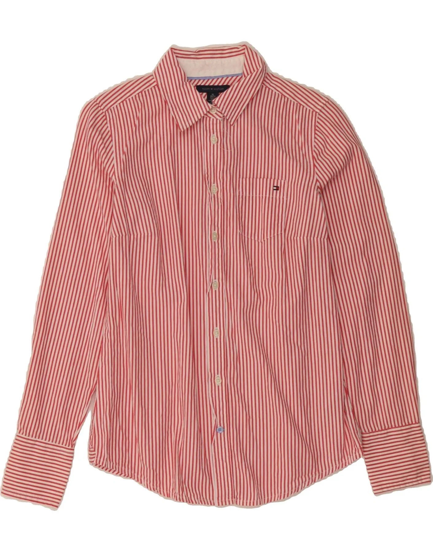 TOMMY HILFIGER Womens Shirt UK 6 XS Red Striped Cotton No Bulk Layering System Embroidered Logo
