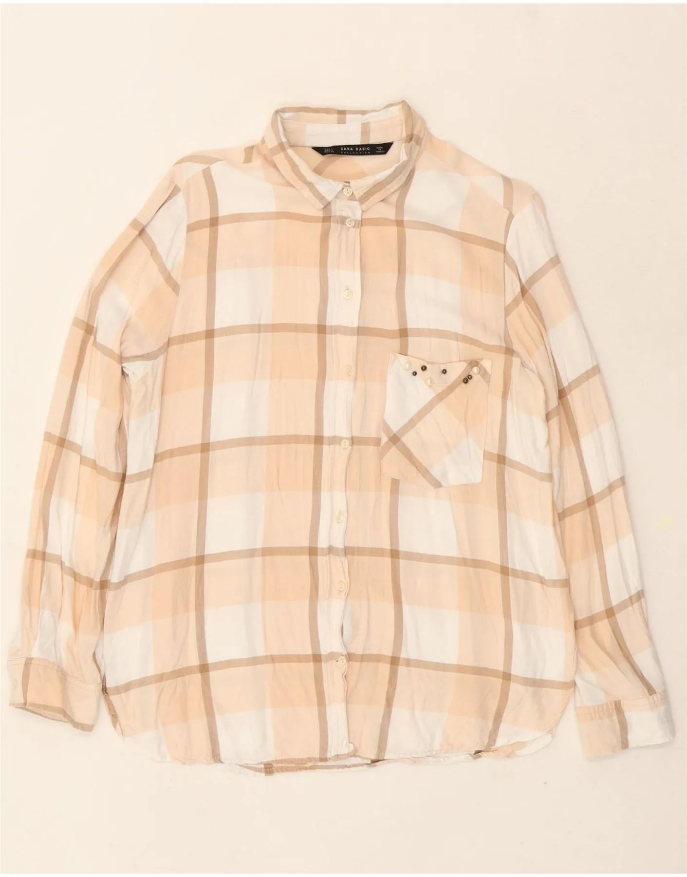 ZARA Womens Shirt UK 16 Large Beige Check Distressed finish