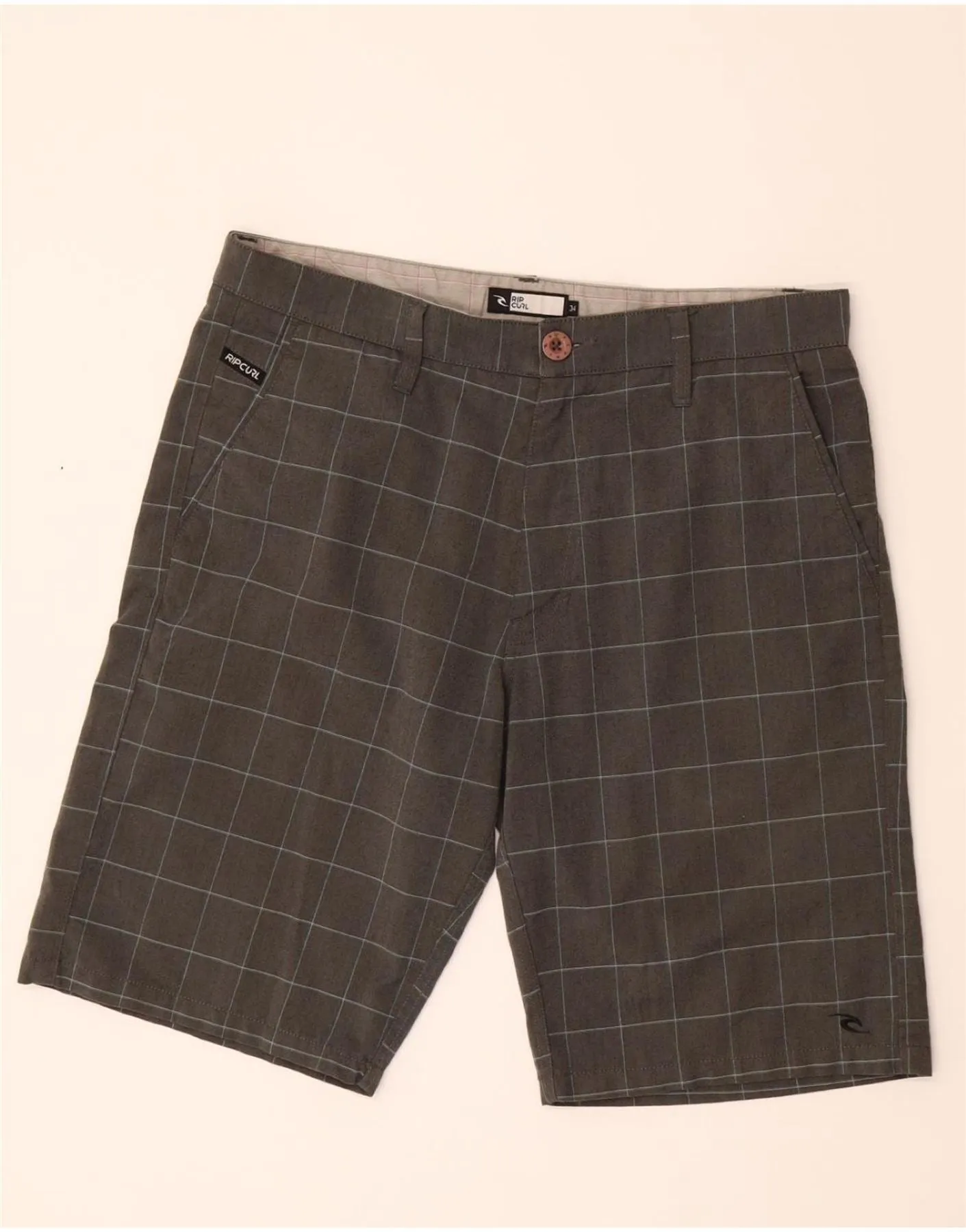 RIP CURL Mens Chino Shorts  W34 Large   Grey Check Polyester Sport Edge Classic Appeal