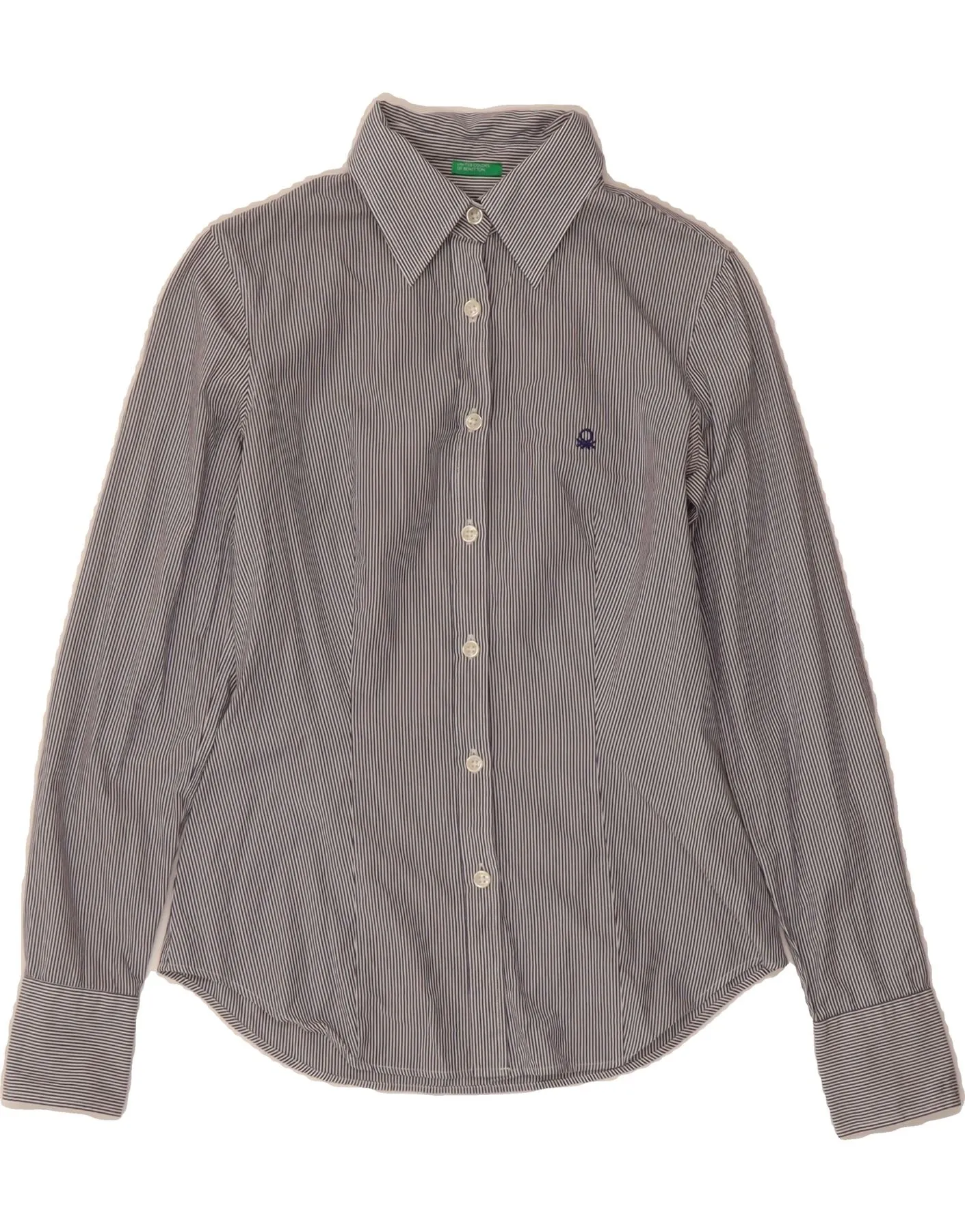 BENETTON Womens Shirt UK 6 XS Grey Striped Cotton Soft Collar Design Pullover Design