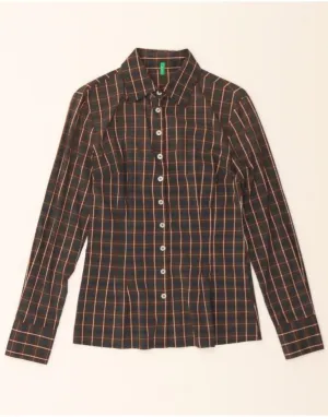 BENETTON Womens Shirt UK 10 Small Brown Check Cotton Double Needle Hemming