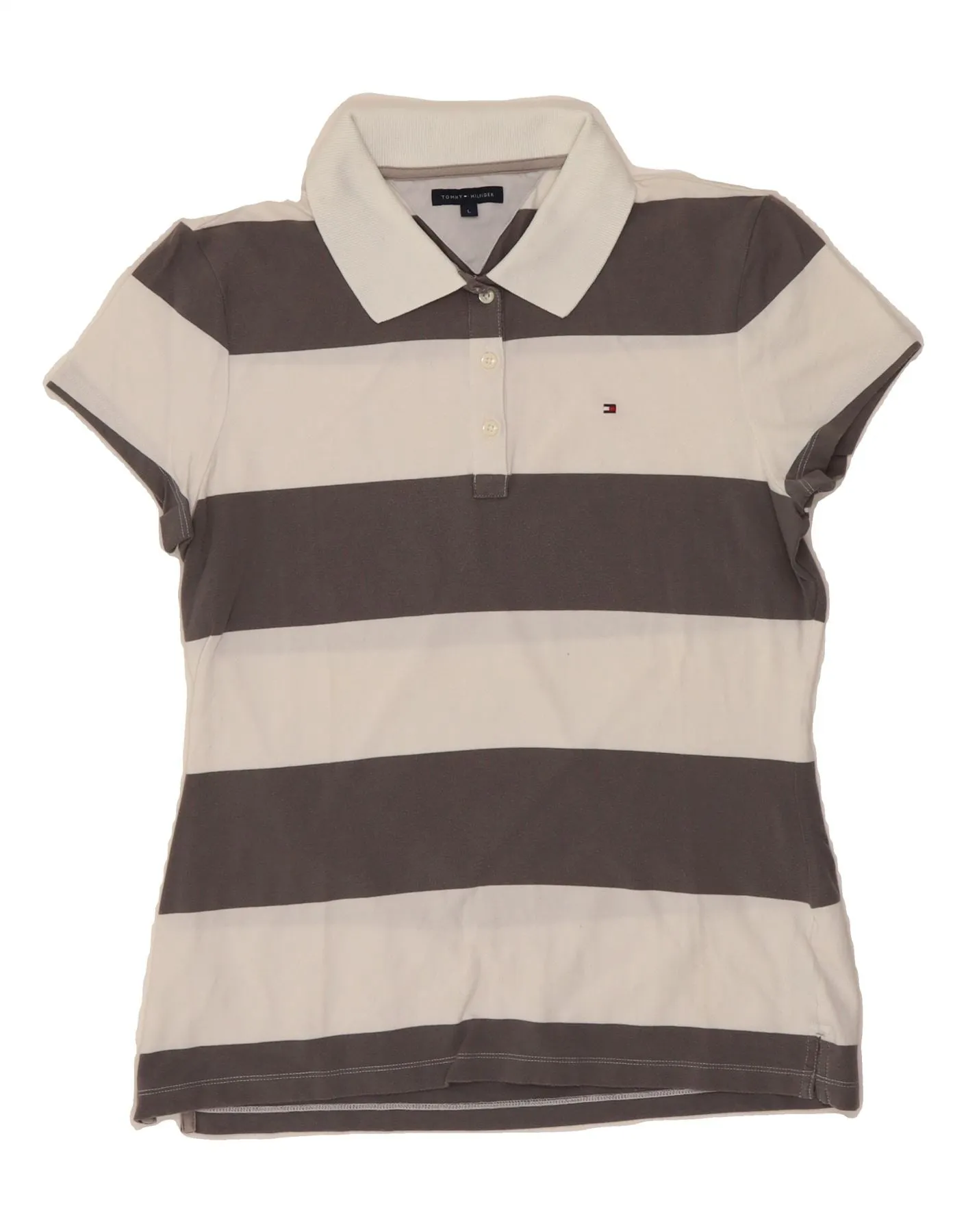 Durable Color Retention funky TOMMY HILFIGER Womens Polo Shirt UK 14 Large Grey Striped Cotton