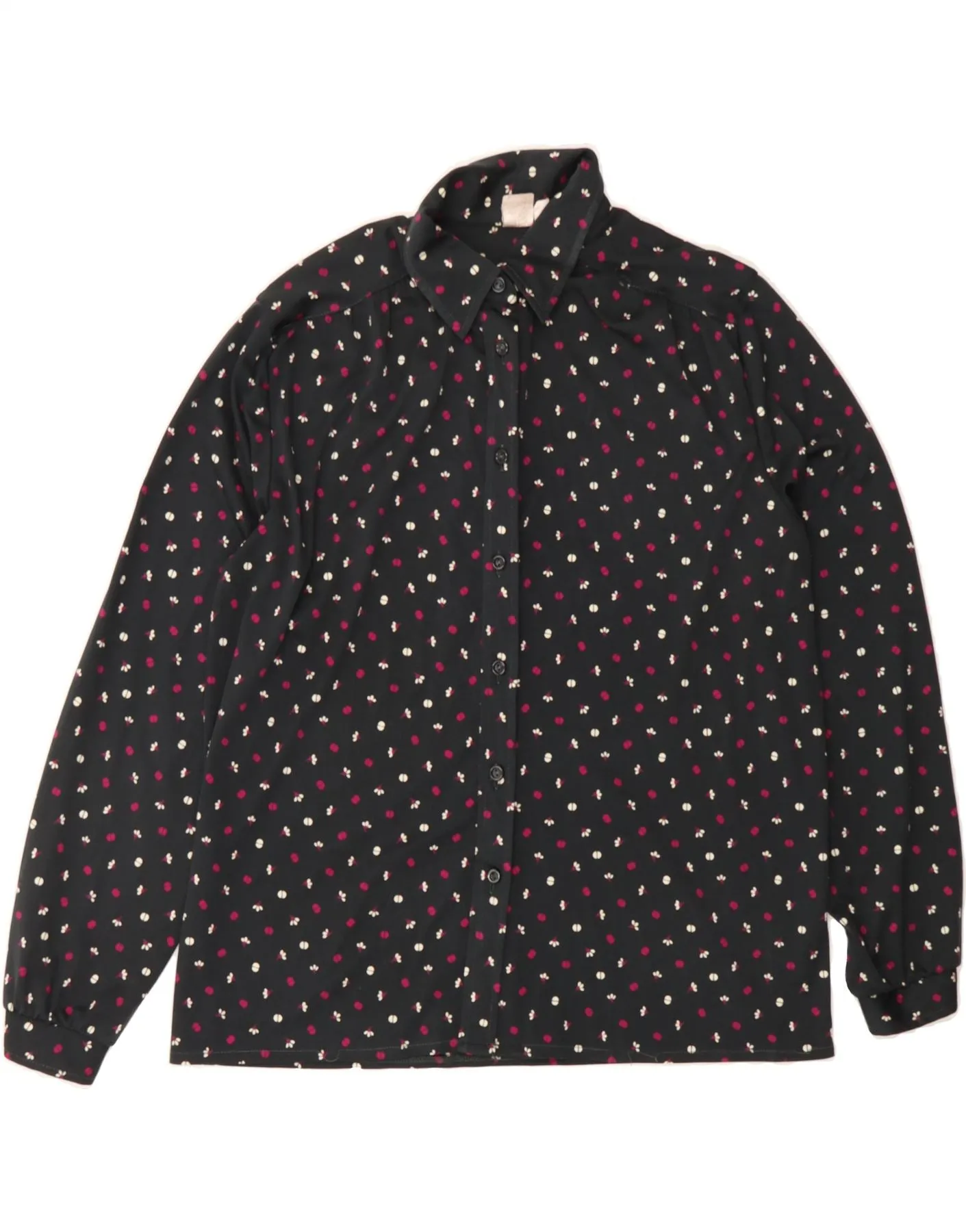 VINTAGE Womens Shirt Blouse UK 16 Large Black Floral Polyester Smooth Finish Smart Casual