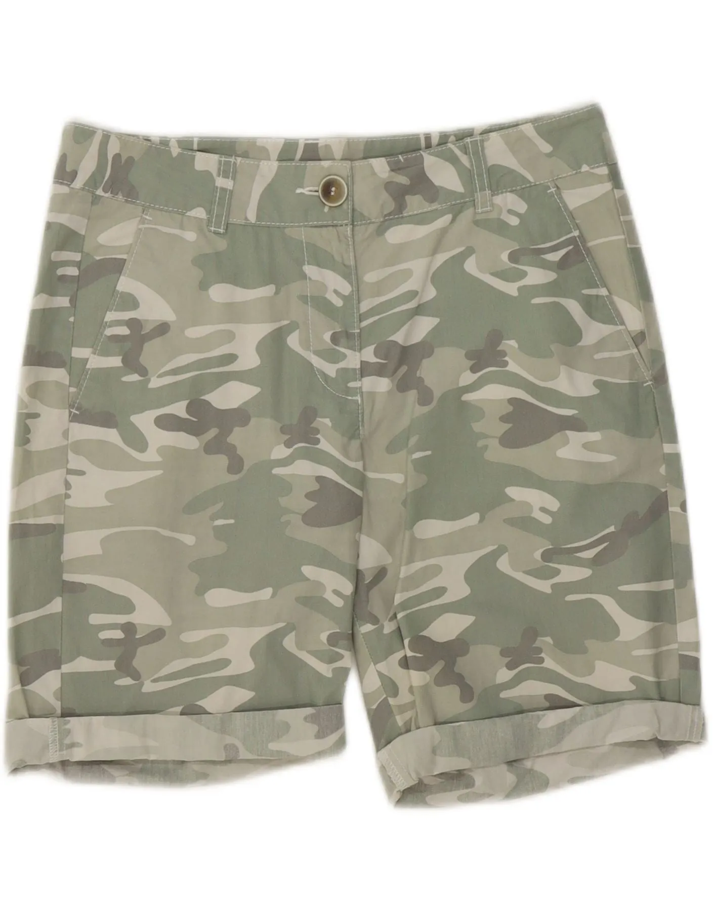 Formal Elegance BENETTON Womens Chino Shorts UK 8 Small W30 Khaki Camouflage Cotton